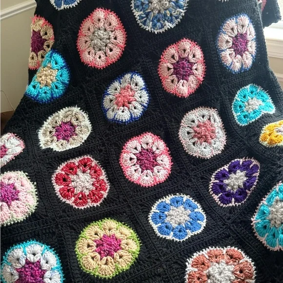 Colorful Crochet Blanket with Black Base